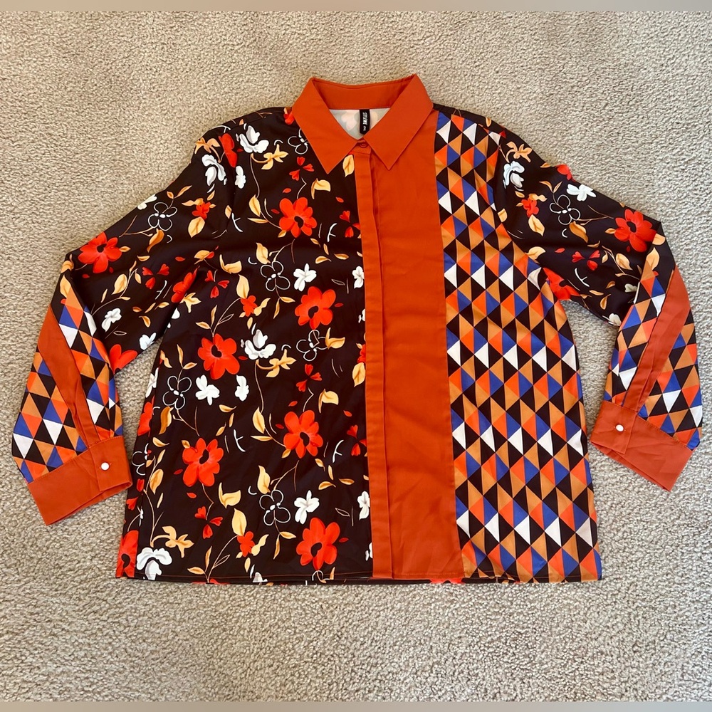 NWOT Colorful Mixed Print Floral and Geometric Button Up Shirt - Picture 3 of 5